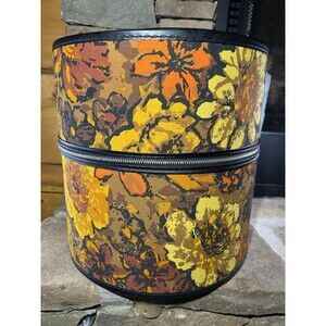 Vintage 60's Fall Floral Bagmaster Hat Box Carry Case Zipper MOD MCM Retro Round